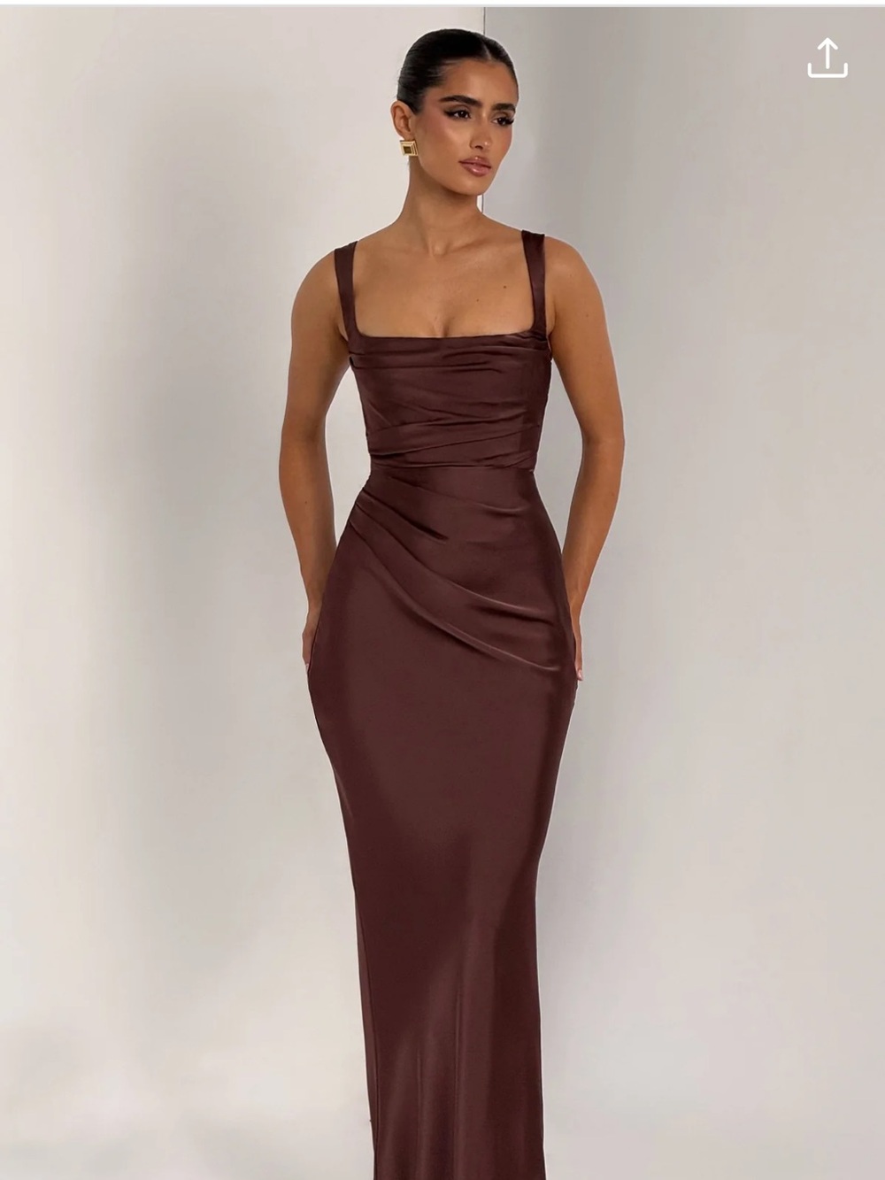 Chocolate Brown Satin Maxi Dress with Square Neck